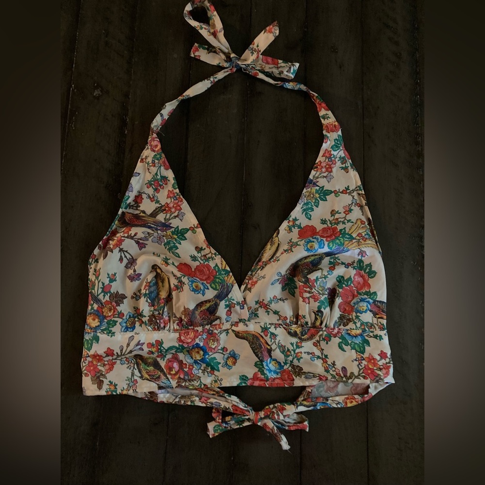 Floral/birds tie-on crop halter top